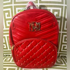 NEW! Badgley Mischka Red Diamond Quilted Gold Studded Vegan Leather Backpack